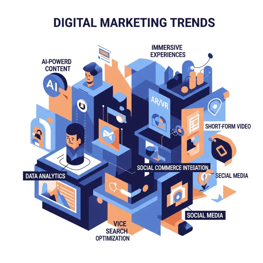 Illustration showcasing digital marketing trends like AI-powered content, voice search optimization, and immersive experiences, representing services offered by a freelance digital marketer in Calicut