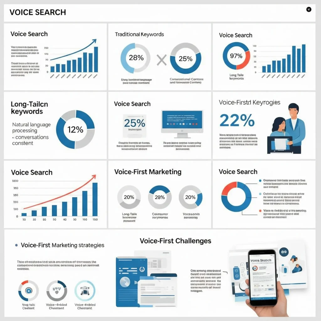 Infographic detailing voice search trends, long-tail keyword usage, and voice-first marketing strategies, highlighting tools used by a freelance digital marketer in Calicut to enhance SEO and user engagement