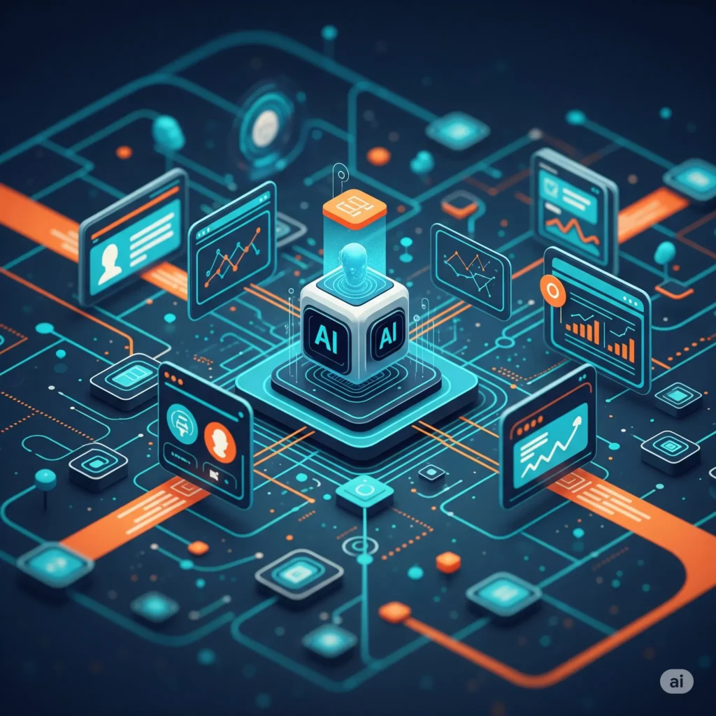Futuristic digital network interface with AI-driven analytics and data dashboards, representing the advanced tools used by a freelance digital marketer in Calicut for campaign optimization and performance tracking