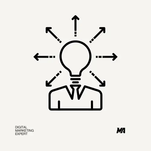 Minimalist illustration of a person with a lightbulb for a head and arrows pointing outward, symbolizing creativity and strategic thinking in digital marketing representing the best digital marketing expert in Calicut.