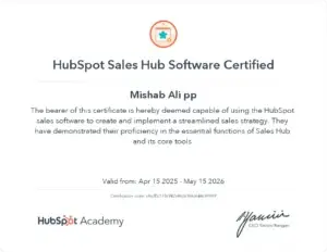 HubSpot Sales Hub Software Certification awarded to Mishab Ali pp for demonstrating proficiency in sales strategy and core tools – Best Digital Marketing Expert in Calicut