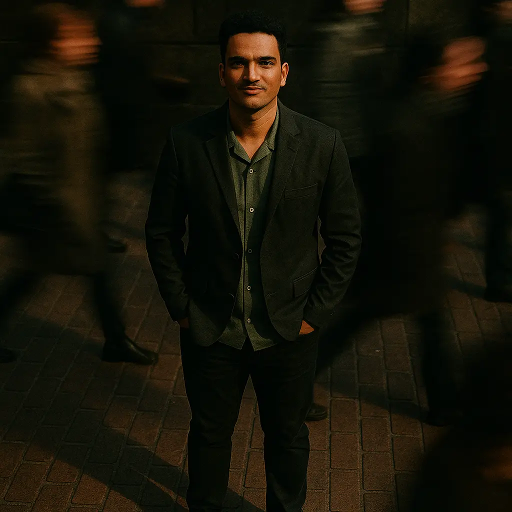 Man standing confidently in focus while a crowd rushes past him, symbolizing clarity and leadership in a fast-paced world, representing the best digital marketing expert in Calicut.