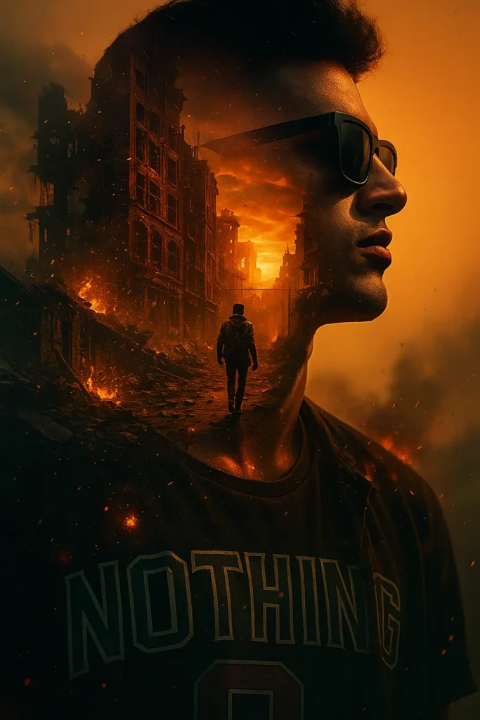 Dramatic double exposure artwork of a man in sunglasses with a burning cityscape inside his silhouette, symbolizing resilience and vision, representing the creative edge of the best digital marketing expert in Calicut.