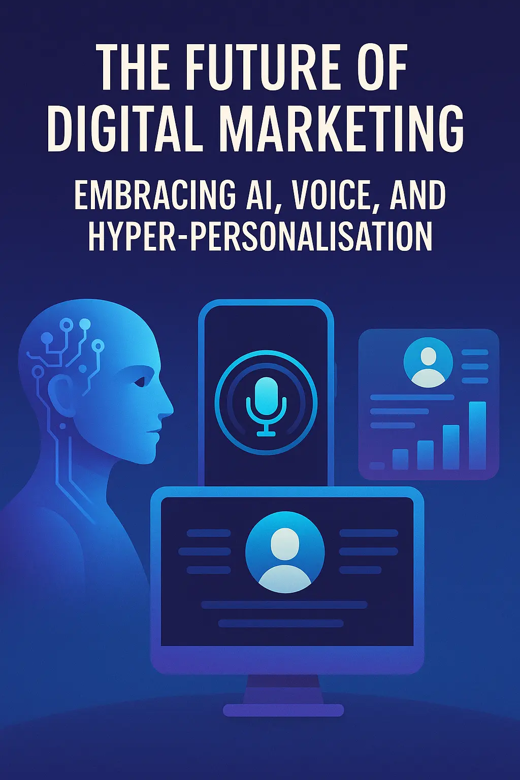 Poster titled 'The Future of Digital Marketing: Embracing AI, Voice, and Hyper Personalization ' featuring a futuristic digital interface and AI elements, created by the best digital marketing expert in Calicut.