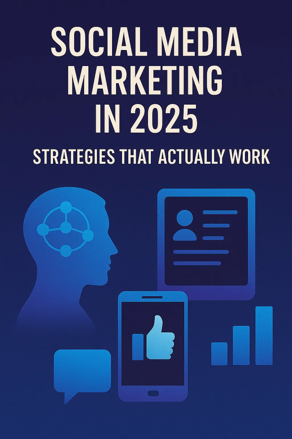 Futuristic poster titled 'Social Media Marketing in 2025: Strategies That Actually Work' featuring digital icons and analytics, designed by the best digital marketing expert in Calicut to showcase cutting-edge social media strategies.