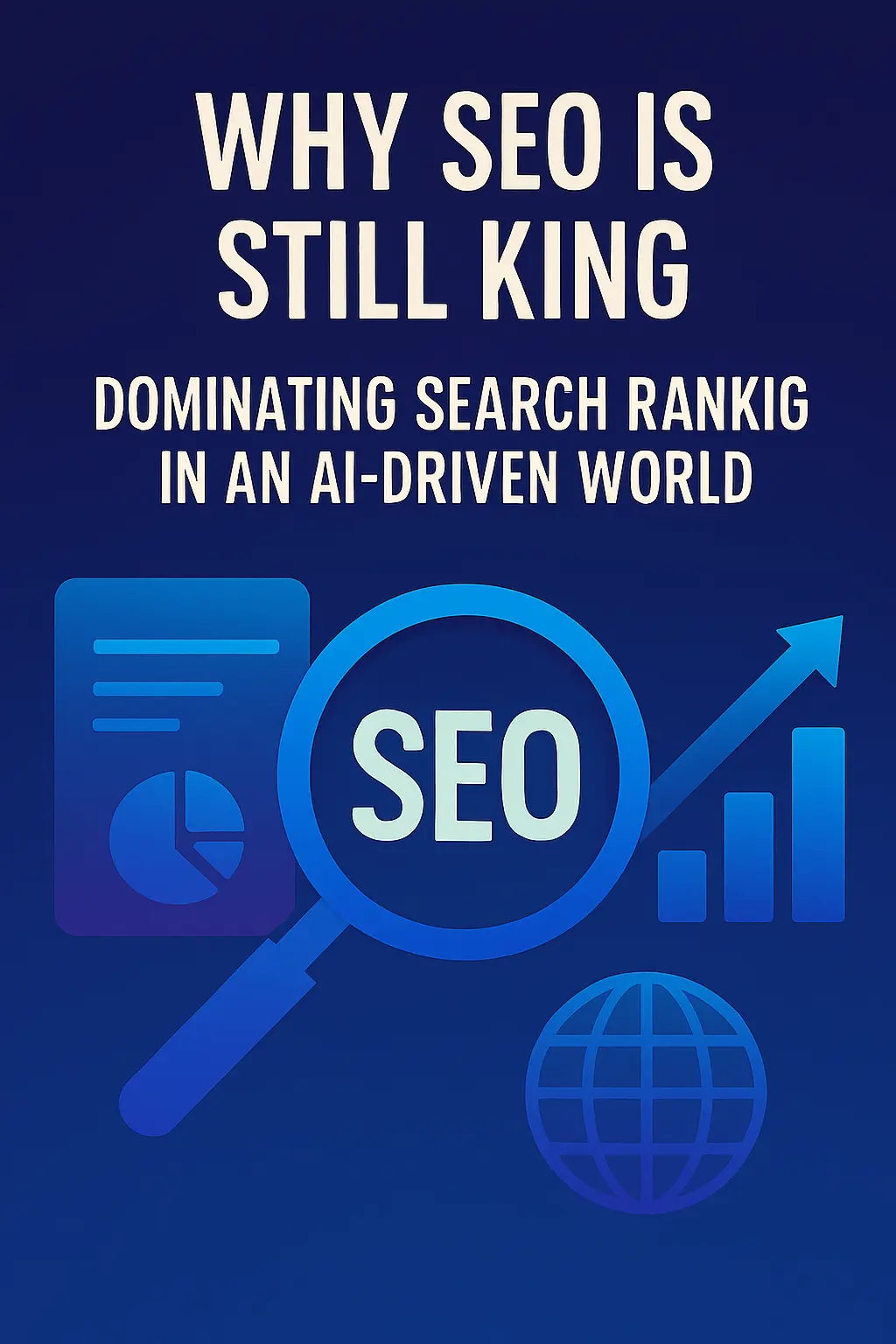 SEO-themed poster titled 'Why SEO is Still King: Dominating Search Ranking in an AI-Driven World' with analytics and growth icons, created by the best digital marketing expert in Calicut.